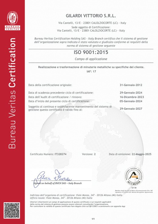 Certificato ISO 9001:2015 n. IT328274