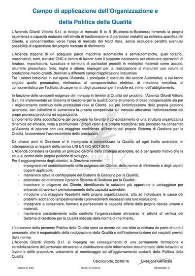 Politica della Qualità Gilardi Vittorio S.r.l.